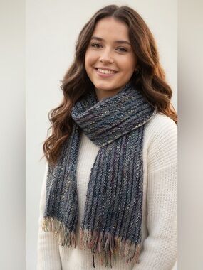 Turquoise Rainbow Colors Soft Knit Scarf Bohemian Artesian Chunky Piece of Art